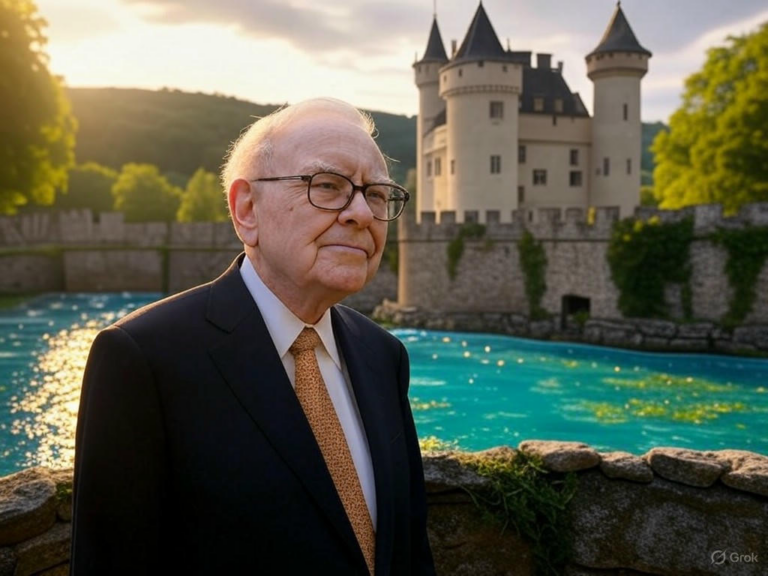 Warren Buffett analyzing stock charts and business metrics for long-term investment success.