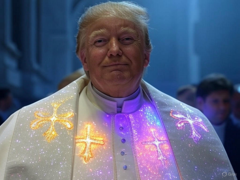 An AI-generated image depicting former President Donald Trump dressed in papal attire, including a white cassock, miter, and cross necklace, shared during the Catholic Church's mourning period for Pope Francis.Image