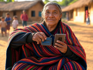 Illustration of indigenous communities integrating traditional knowledge with modern technology for sustainable innovations in agriculture, medicine, and environmental management.