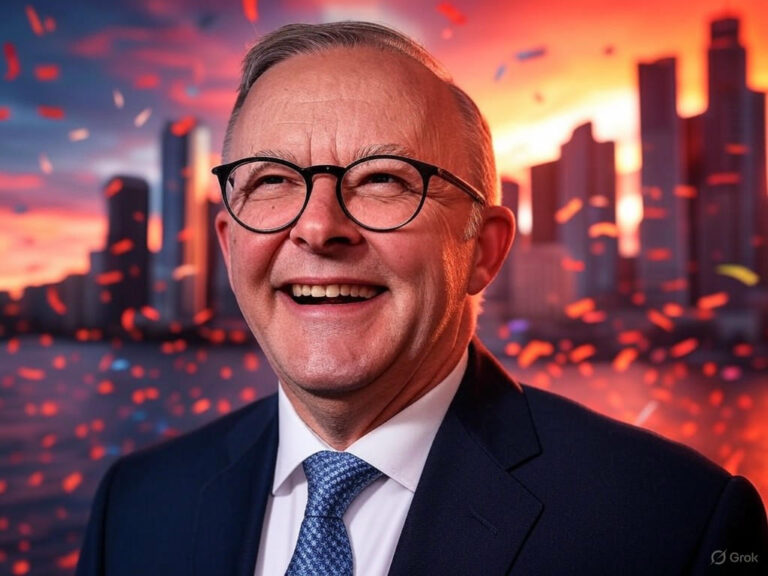 Anthony Albanese celebrating his landslide victory in the 2025 Australian federal election, with supporters and Australian flags in the background.