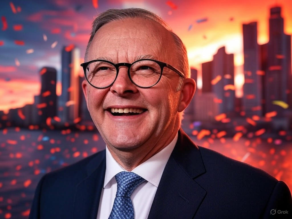Anthony Albanese celebrating his landslide victory in the 2025 Australian federal election, with supporters and Australian flags in the background.
