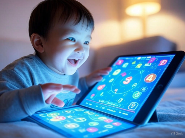 A child engaging with an educational AI app on a tablet, surrounded by books and toys, with a parent providing guidance.Image