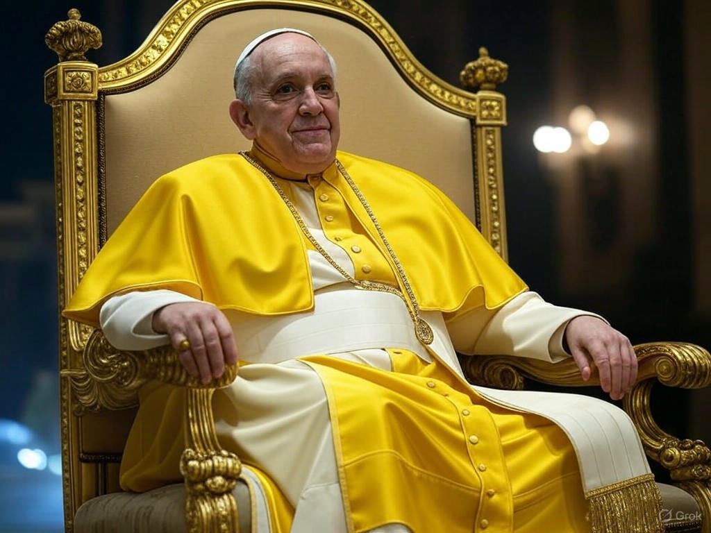 AI-generated image of former President Donald Trump depicted as the Pope, wearing papal robes and sitting on a throne.Image
