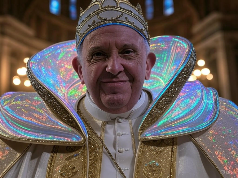 AI-generated image of Donald Trump dressed as the Pope in elaborate white and gold robes, making a thoughtful gesture, amid international criticism.Image
