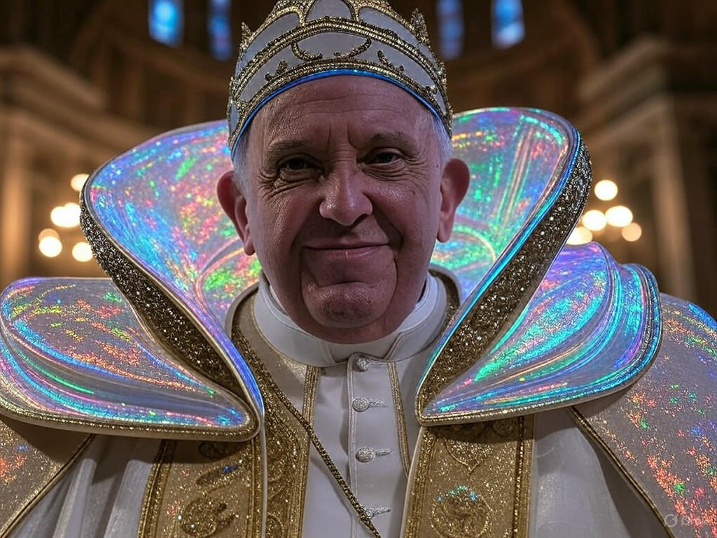 AI-generated image of Donald Trump dressed as the Pope in elaborate white and gold robes, making a thoughtful gesture, amid international criticism.Image