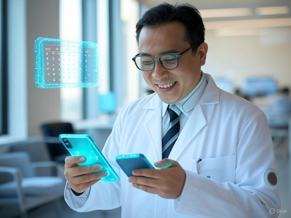 A smartphone displaying an SMS interface for scheduling doctor's appointments using Epic's AI tool, showing a conversational text exchange for seamless booking.