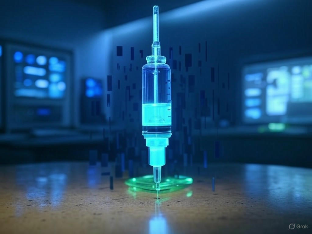 AI innovations in medical device cybersecurity, illustrating AI algorithms safeguarding connected medical devices against digital threats.