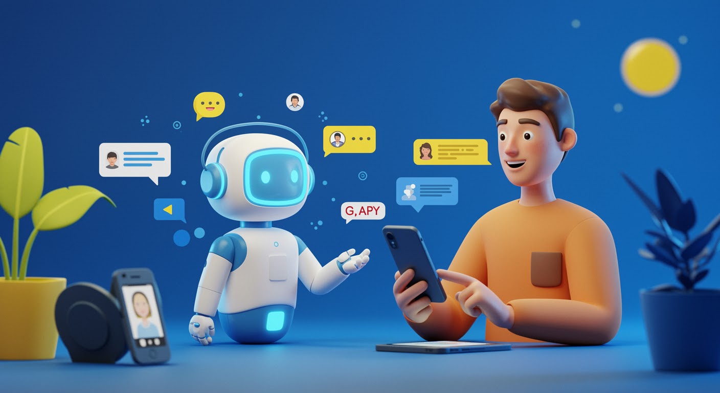 Illustration of the Meta AI app featuring an AI chatbot with social media sharing, powered by Llama 4, including voice interactions, personalized experiences, and content creation tools.