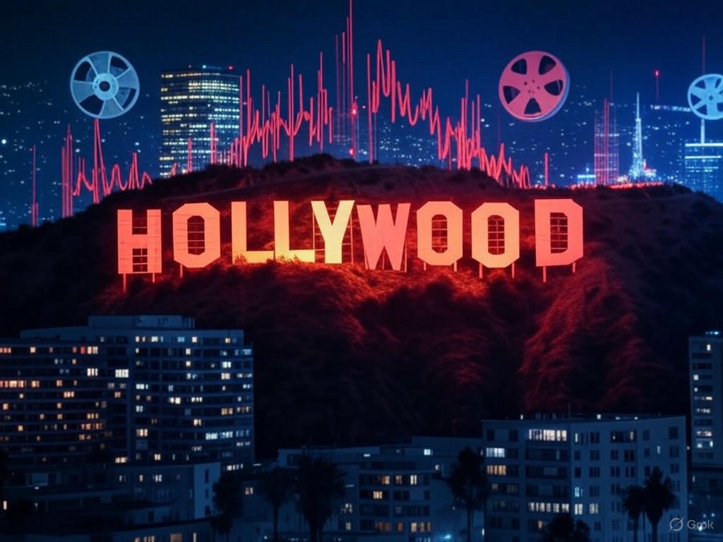 Graph showing stock market volatility in entertainment stocks like Lionsgate and Netflix due to Trump's movie tariffs impacting Hollywood economy and global filmmaking.