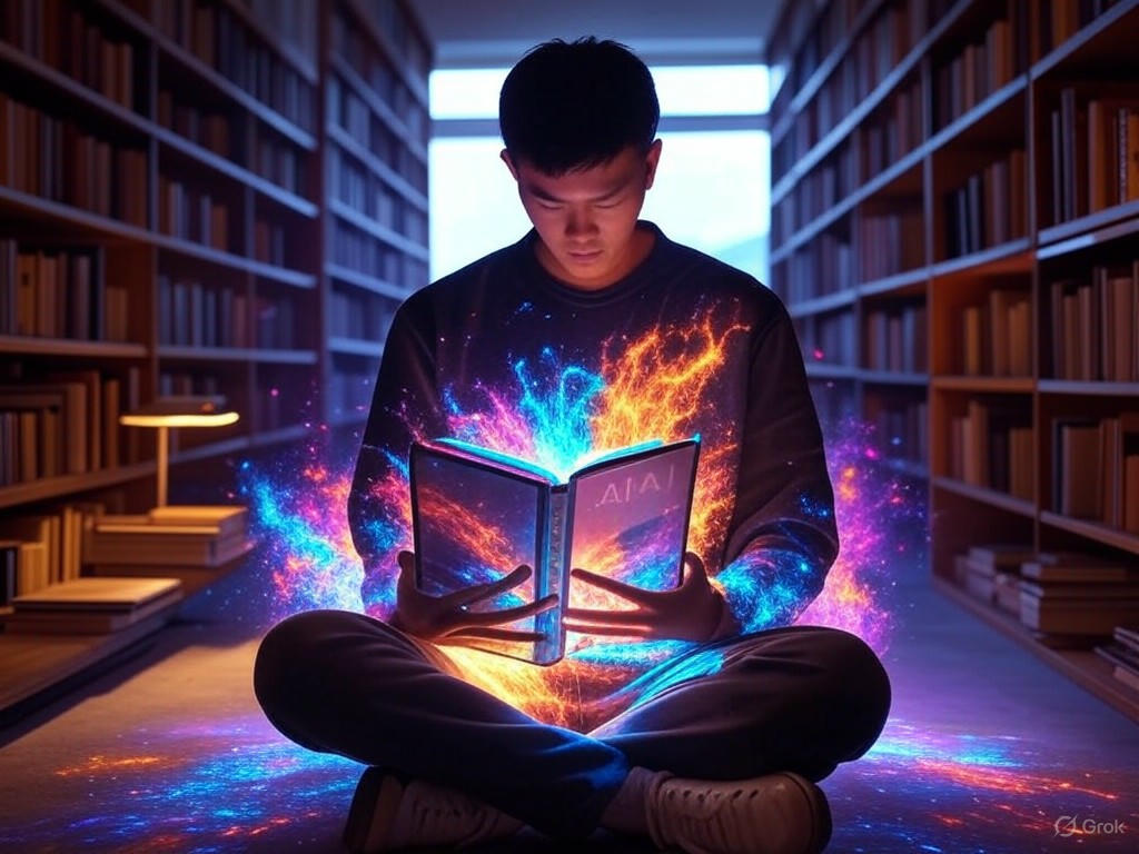 An illustration of a digital book with AI elements, warning of risks like misinformation and harm in mental health advice.Image