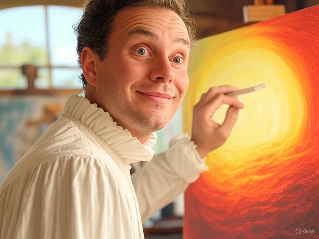 An illustration depicting impossible colors like reddish-green and yellowish-blue, intertwined with Renaissance art techniques such as Michelangelo's frescoes and da Vinci's sfumato, highlighting the intersection of visual perception, opponent color theory, and color innovation.