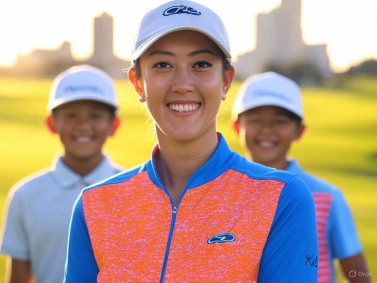 Michelle Wie West at the Mizuho Americas Open, showcasing her role as host and advocate for women's golf alongside the iconic Liberty National Golf Club backdrop.