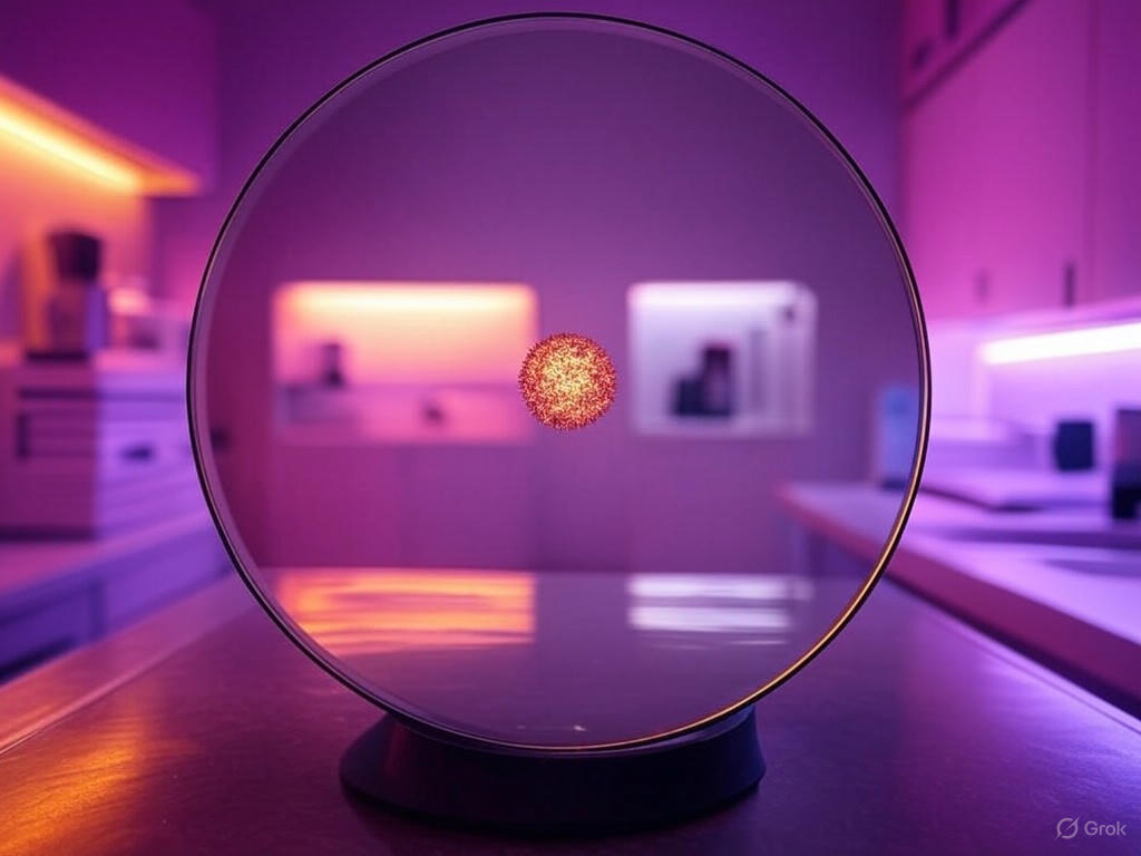 A diagram illustrating quantum noise reduction using a hemispherical mirror to eliminate quantum backaction in Swansea University experiments, enabling precise quantum measurements and advancements in quantum physics, levitated optomechanics, and quantum sensors.