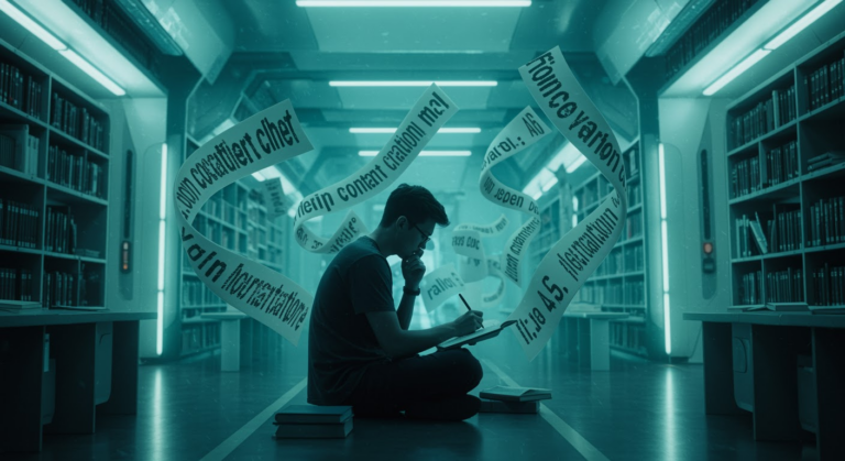 A book cover depicting AI-generated text deceiving a reader, highlighting risks of content authenticity and manipulation.Image