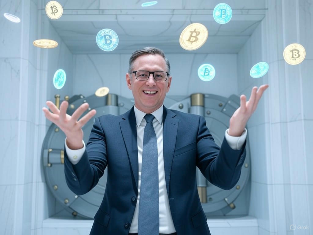 Illustration of the OCC's new policy allowing US banks to trade and hold customers' cryptocurrency assets, symbolizing the integration of traditional banking with digital finance.