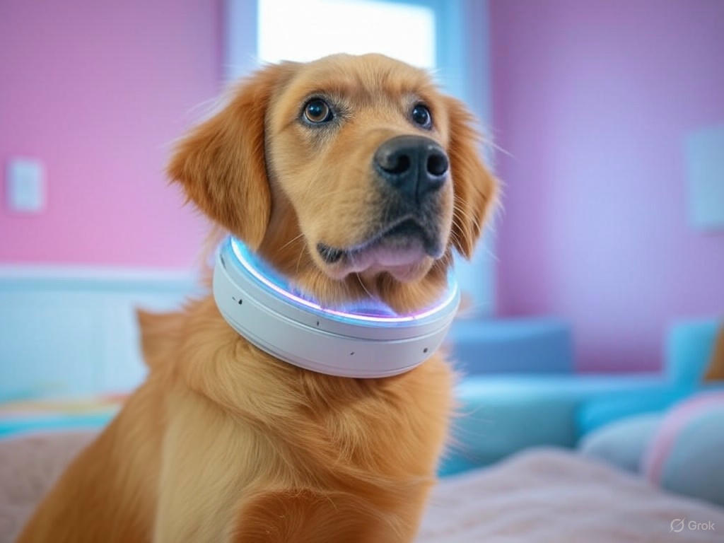 A modern depiction of AI-powered pet health monitoring tools, showing a dog wearing a smart tracker with real-time health data analytics on a mobile app screen.