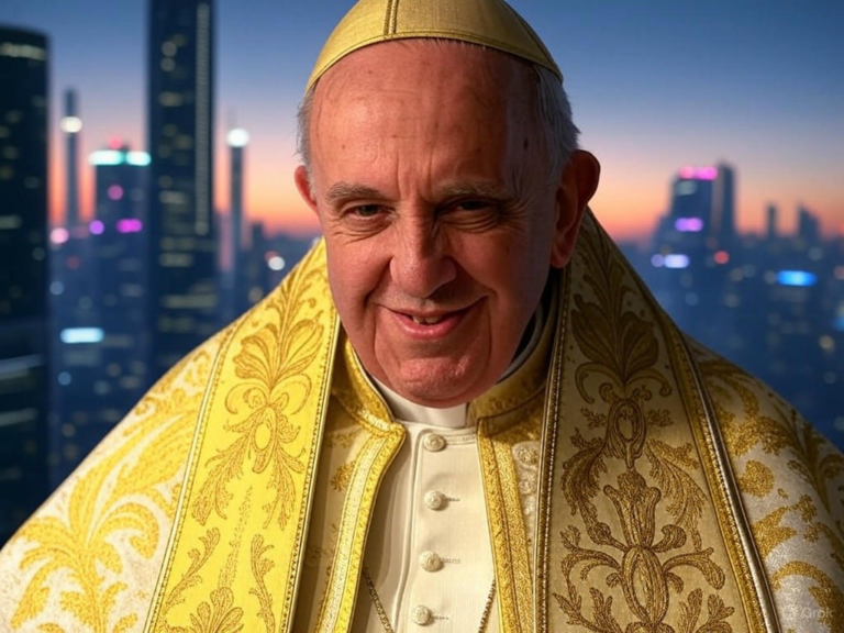 An AI-generated image of former President Donald Trump wearing papal robes, including a white cassock and bishop's miter, shared during the mourning period for Pope Francis.Image
