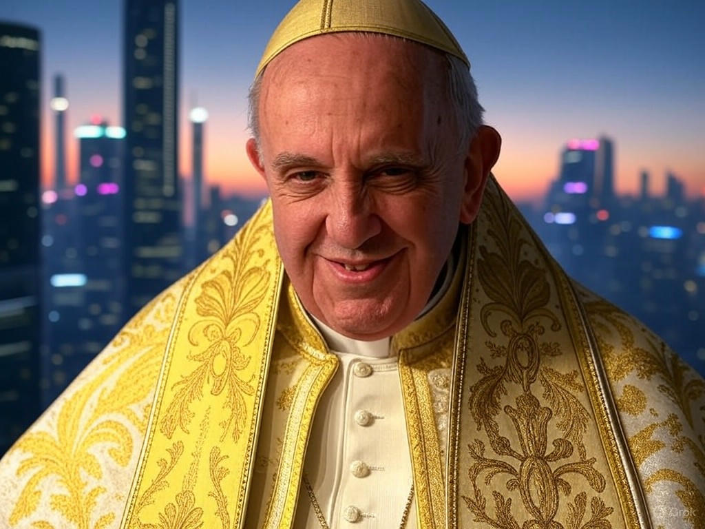 An AI-generated image of former President Donald Trump wearing papal robes, including a white cassock and bishop's miter, shared during the mourning period for Pope Francis.Image