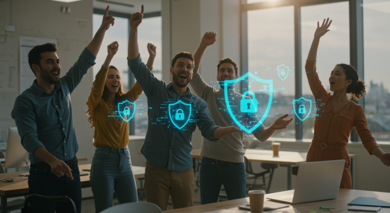 Palo Alto Networks executives shaking hands with Protect AI team, symbolizing the acquisition to bolster AI cybersecurity solutions.