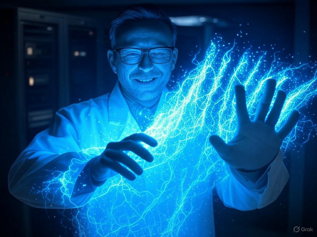 Illustration of supercapacitors managing power surges and energy demands in AI data centers.Image