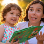 A child explaining climate science to an adult from an educational book, promoting climate literacy and youth action.