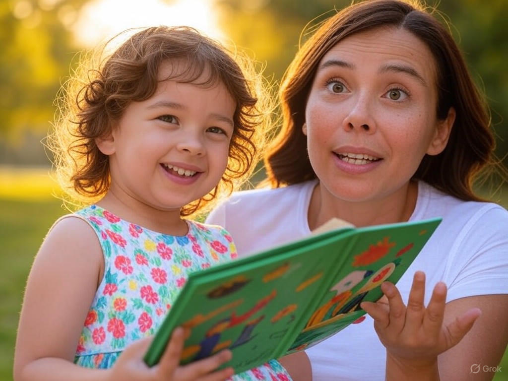 A child explaining climate science to an adult from an educational book, promoting climate literacy and youth action.