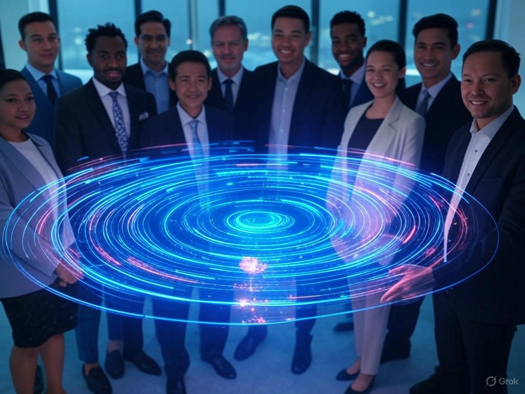 Illustration of experts implementing strategies to combat AI workplace inequality, including bias reduction, skills gap bridging, and inclusive AI governance.Image