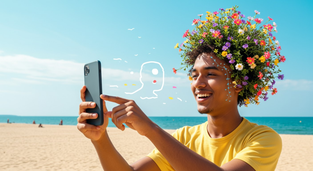 An illustration of Gemini AI editing a photo, showing a user transforming an image with simple text prompts, including features like background swaps and watermarking for ethical AI use.