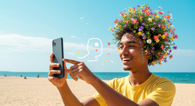 An illustration of Gemini AI editing a photo, showing a user transforming an image with simple text prompts, including features like background swaps and watermarking for ethical AI use.