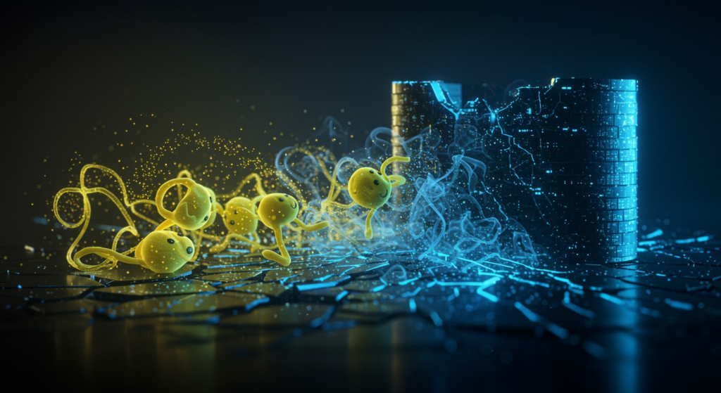 A futuristic depiction of AI risks infiltrating cyber resilient defenses, highlighting emerging threats like adaptive malware and automated phishing.