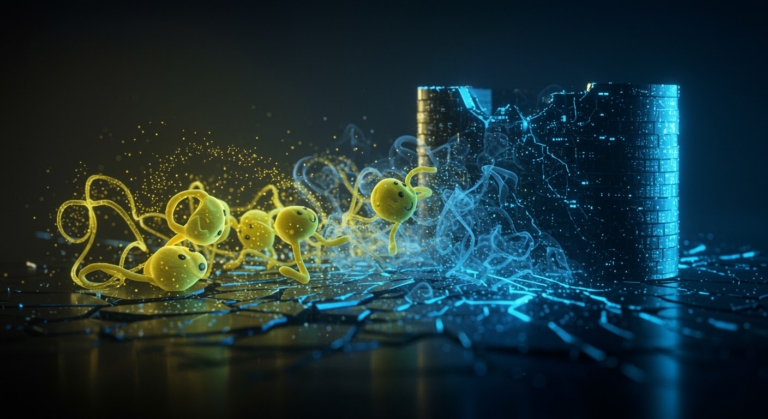 A futuristic depiction of AI risks infiltrating cyber resilient defenses, highlighting emerging threats like adaptive malware and automated phishing.