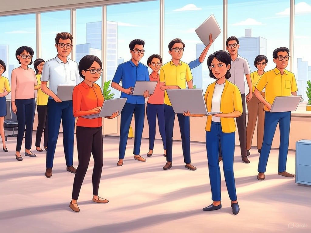 A visual representation of AI transforming workplaces, showing robots and humans collaborating amid job displacement, upskilling opportunities, and ethical challenges.