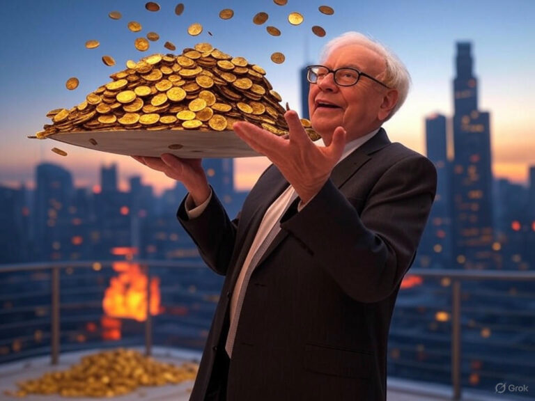 Warren Buffett reviewing Berkshire Hathaway earnings chart: Q1 2025 drop due to wildfire losses and record $347.7 billion cash pile.