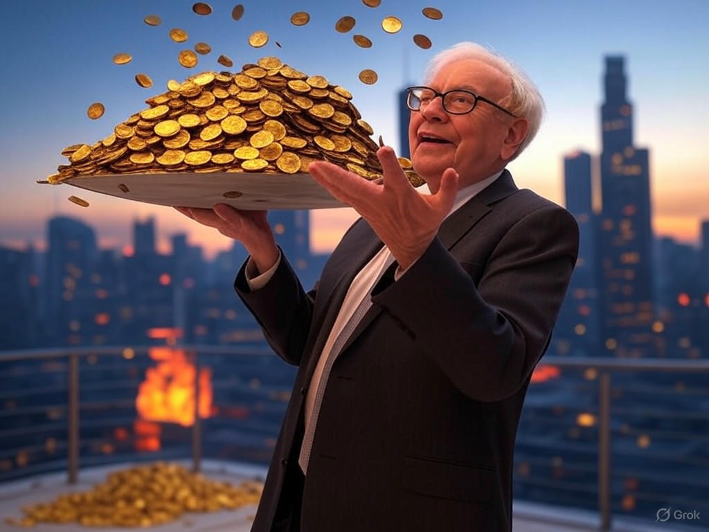 Warren Buffett reviewing Berkshire Hathaway earnings chart: Q1 2025 drop due to wildfire losses and record $347.7 billion cash pile.