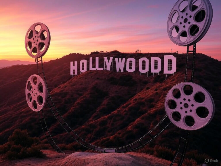 Alt text: "President Trump announcing a 100% tariff on foreign-made movies, with Hollywood executives in a urgent meeting discussing industry impacts."