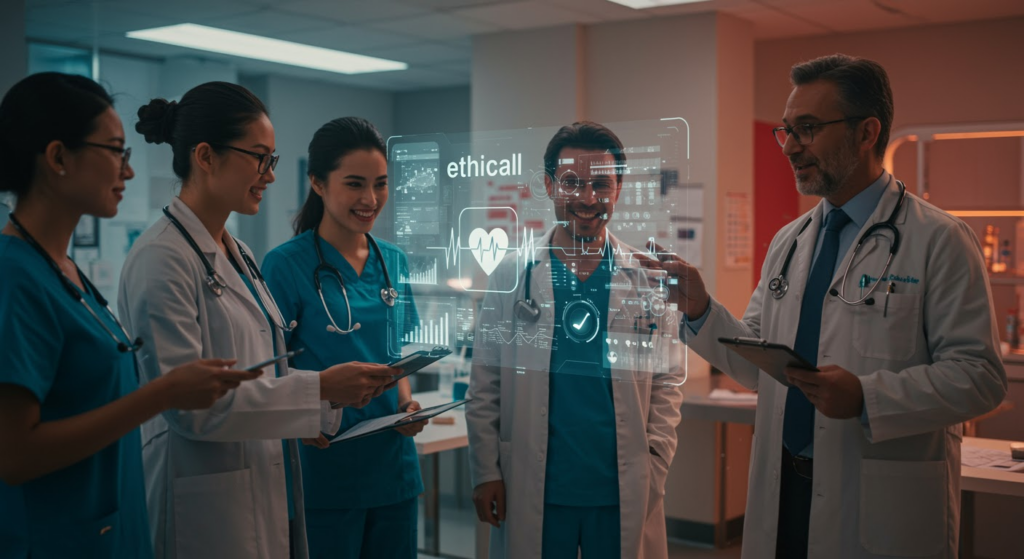 Ethical AI in Healthcare: Illustrating laws, norms, and guidelines for responsible AI implementation in medical settings.