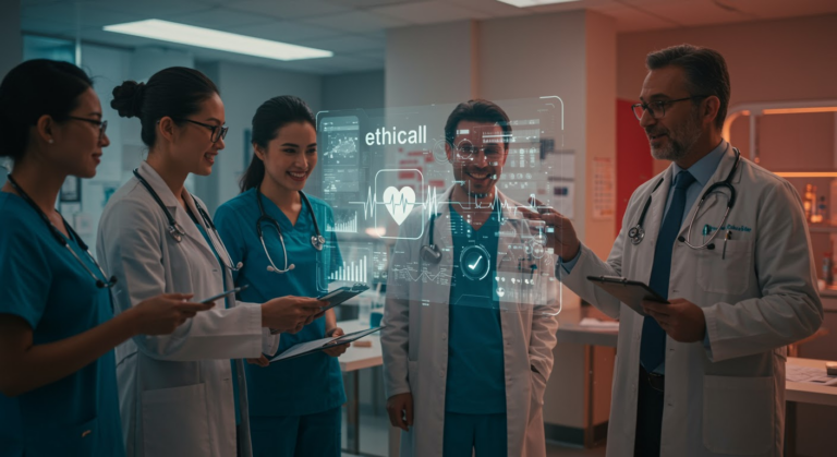 Ethical AI in Healthcare: Illustrating laws, norms, and guidelines for responsible AI implementation in medical settings.