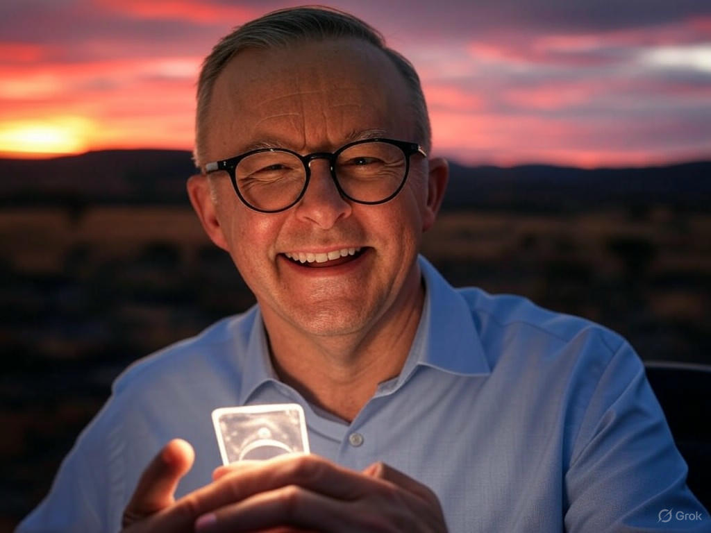 Anthony Albanese celebrating Labor's landslide victory in the 2025 Australian election, influenced by global factors like Trump's policies.