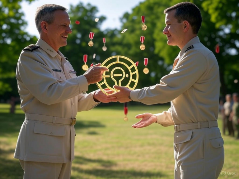 "Brigadier General Brandi Peasley passing the command colors to Brigadier General James Porter during the 451 ESC Change of Command ceremony in Wichita, Kansas, 2025."Image