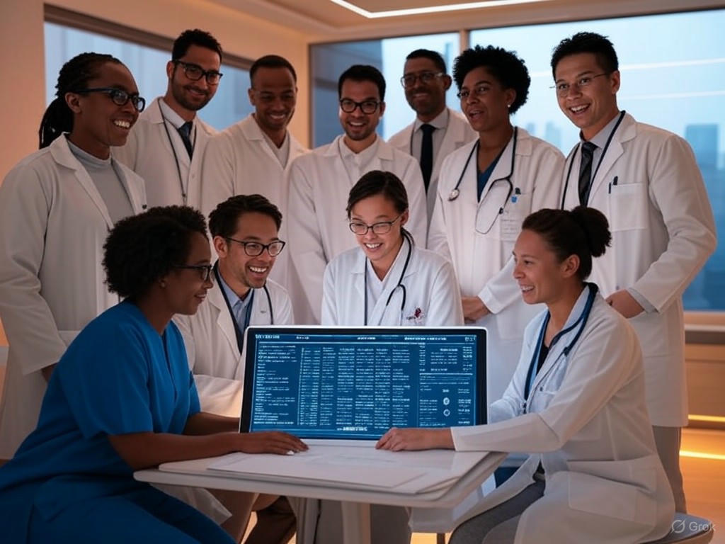 Alt text for AI in healthcare illustration: "AI technology optimizing clinical settings with diagnostic tools, predictive analytics, and personalized medicine for enhanced patient care."