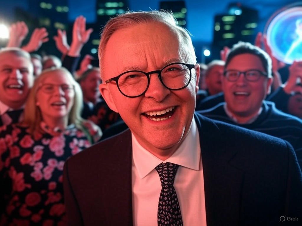 Anthony Albanese and Labor Party supporters celebrating their historic victory in the 2025 Australian Election, with Peter Dutton's defeat leading to the Coalition's collapse, reflecting voter sentiment on climate action and economic issues.