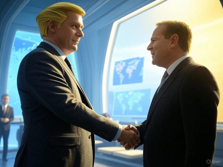 President Donald Trump announcing a trade deal with the UK at a news conference, symbolising potential shifts in global trade dynamics.