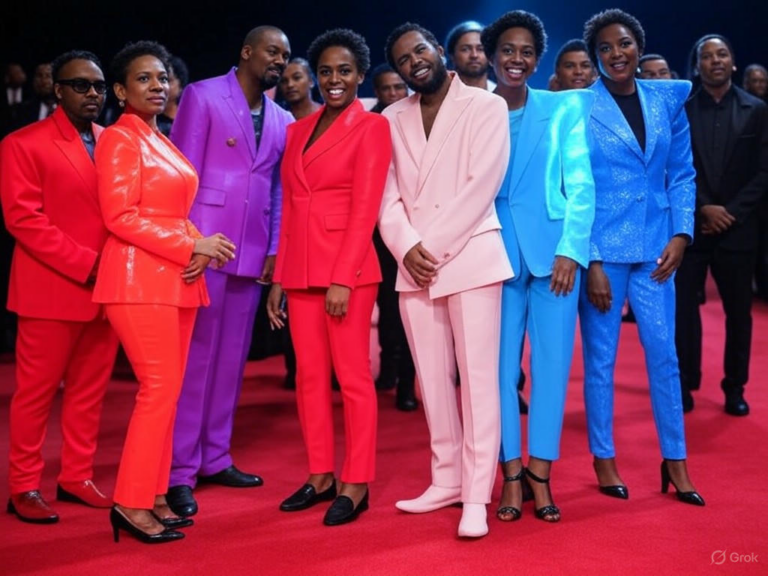 A vibrant red carpet scene from Met Gala 2025, featuring celebrities like Zendaya and Kim Kardashian in innovative outfits inspired by the 'Tailored for You' theme, celebrating Black style and cultural heritage.Image
